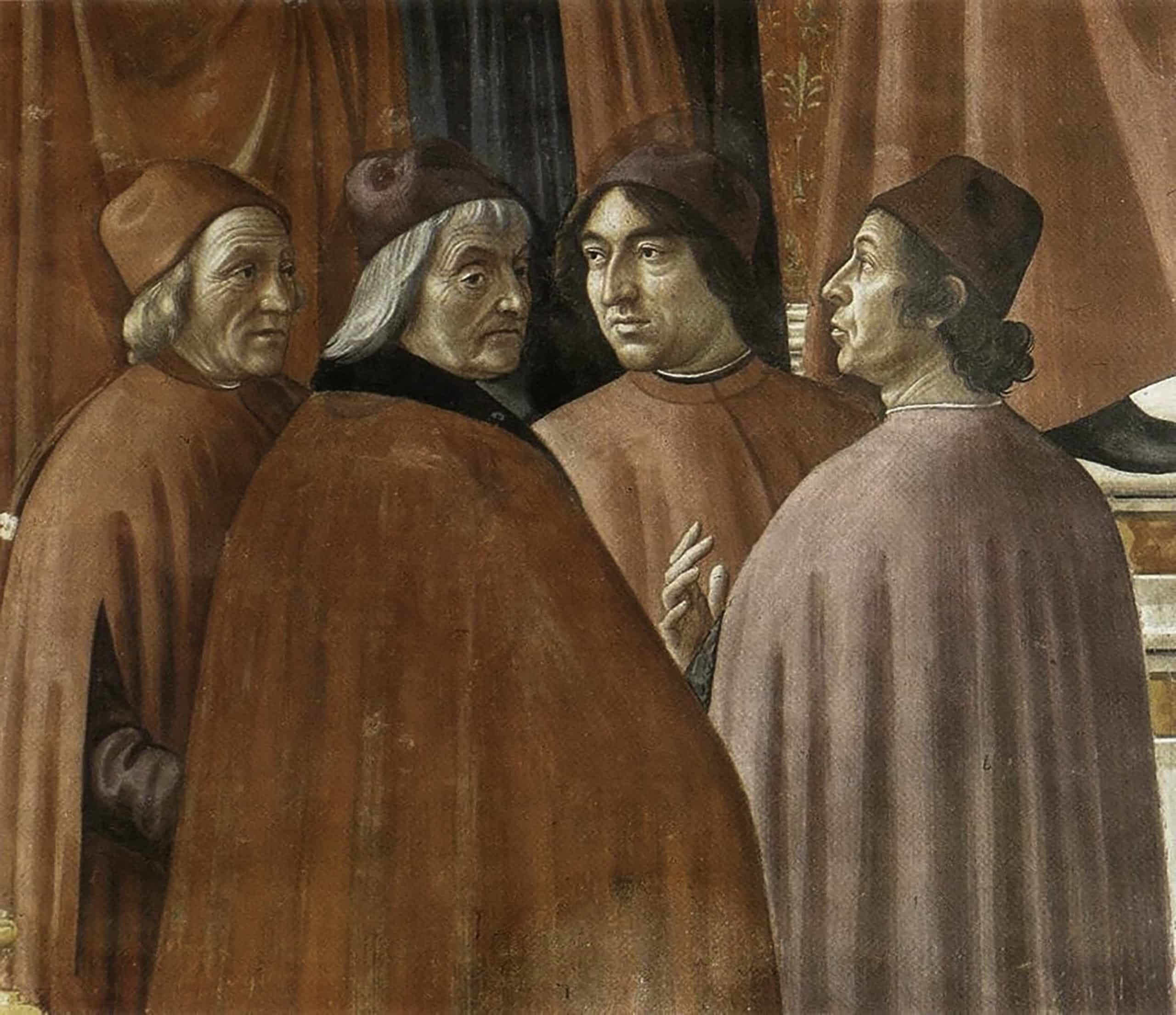 Marsilio Ficino ritratto nell' «Annuncio dell'angelo a Zaccaria» (1485-90), affresco di Domenico Ghirlandaio, nella Cappella Tornabuoni di Santa Maria Novella, Firenze.
